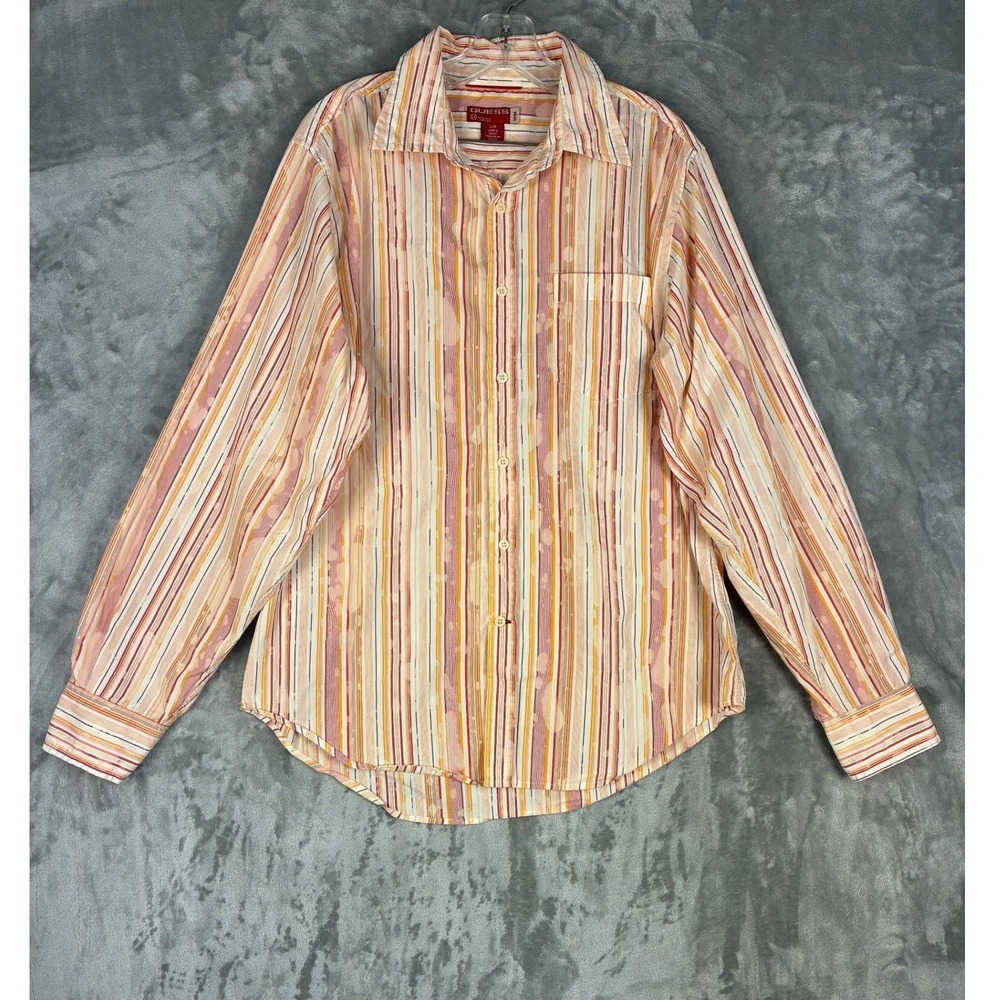 Guess Mens Large Striped Button Down Shirt Long Sleeve Splatter Print Orange L